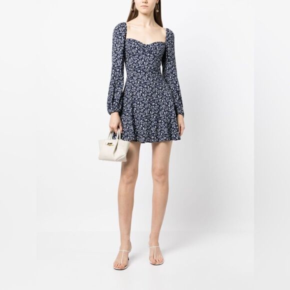 Reformation Mochi Mini Midnight Navy Blue Dress Puff Sleeve Floral Size L - Picture 8 of 14